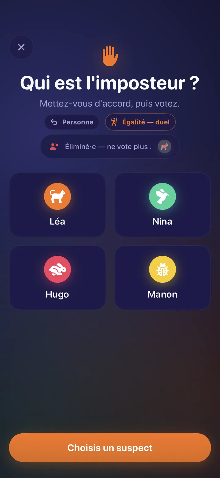 Écran de vote pour choisir l’imposteur parmi quatre joueurs